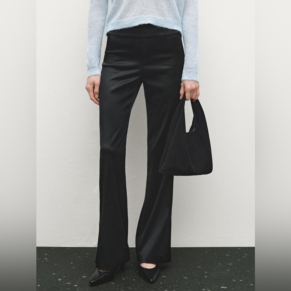 Cach’e, Black SATIN FLARED TROUSERS, Excellent Condition, Size 10 Long - Picture 2 of 12